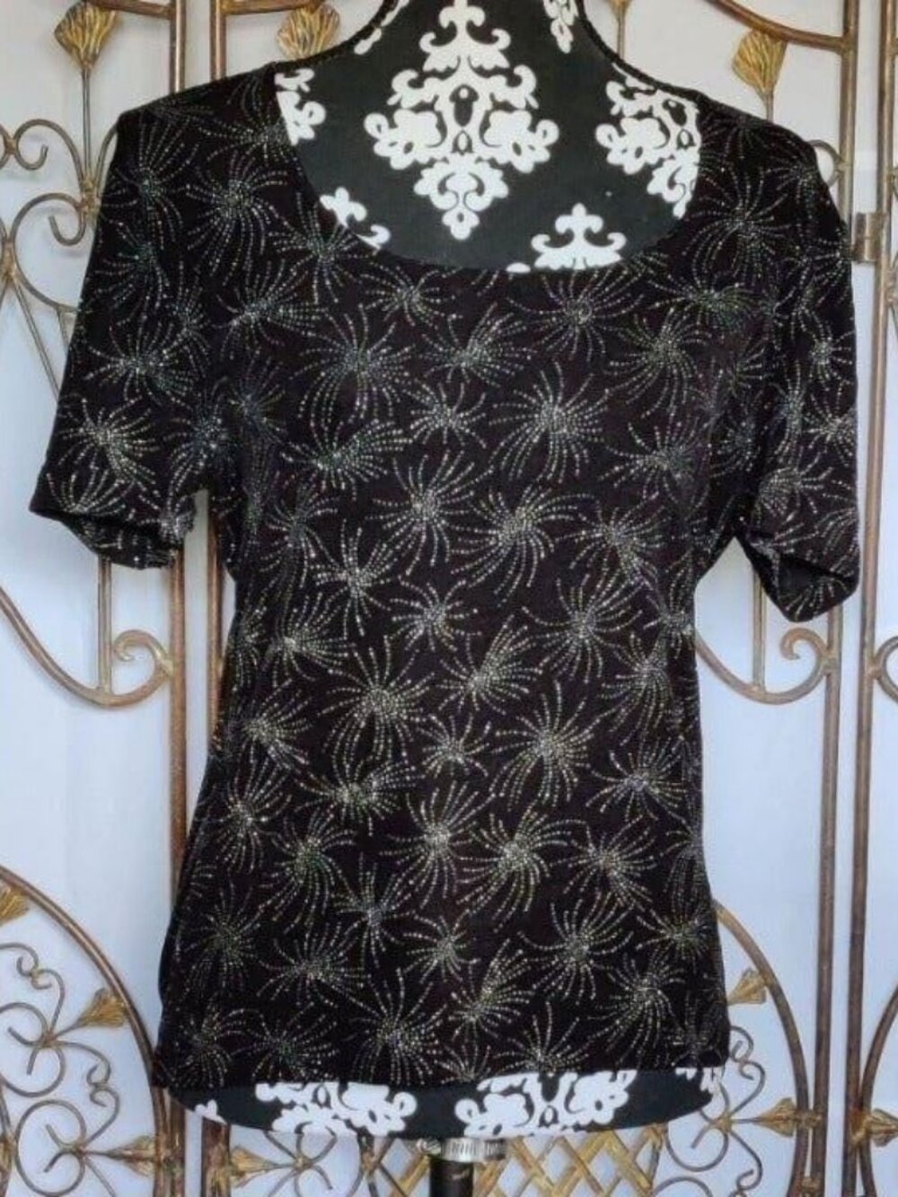 Frazier Lawrence Black Silver Glitter Starburst Firework Scoop Neck Top Large